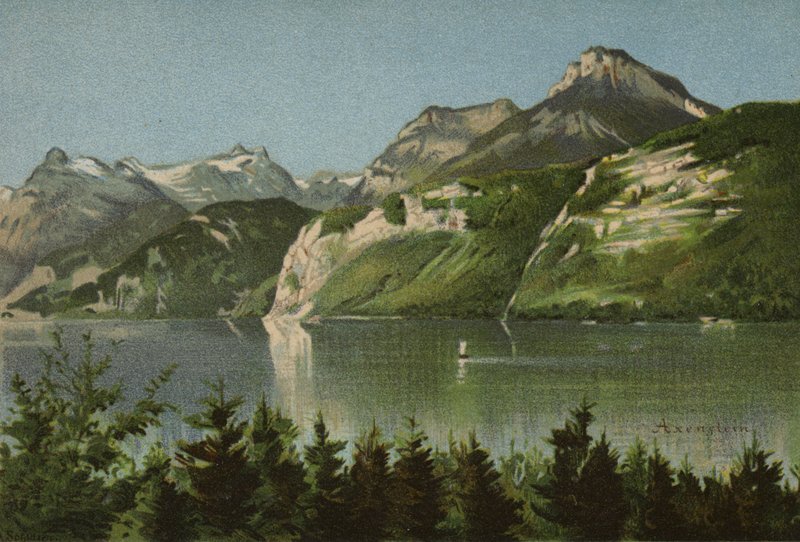 Lucernské jezero: Axenstein (barevná litografie) od European School