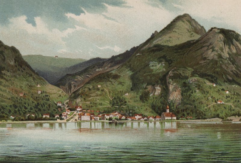 Lucernské jezero: Gersau (barevná litografie) od European School