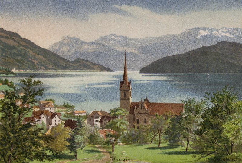 Lucernské jezero: Weggis (barevná litografie) od European School