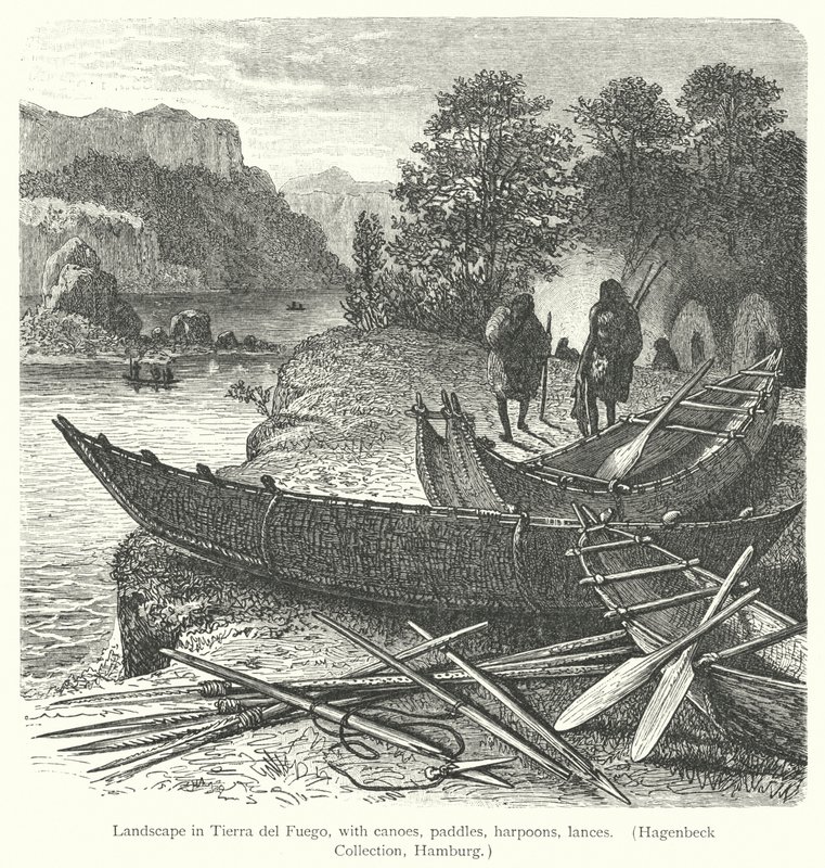 Krajina v Ohňové zemi, s kánoemi, pádly, harpunami, kopími (rytina) od European School