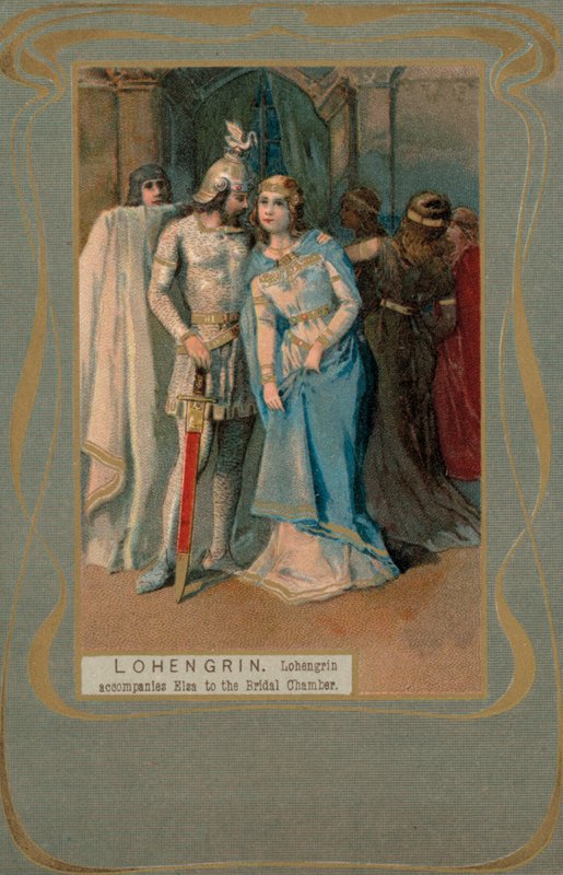 Lohengrin doprovází Elsu do svatební komnaty (barevná litografie) od European School