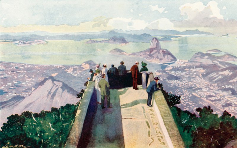Pohled dolů z východního okraje vrcholu Corcovado, 2 300 stop (barevná litografie) od European School