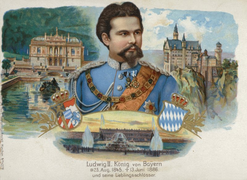 Ludwig II., bavorský král a jeho oblíbené hrady (chromolitho) od European School