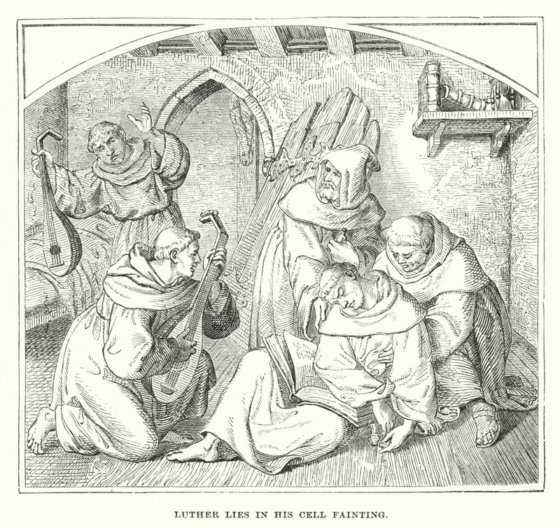 Luther leží ve své cele omdlévá (rytina) od European School