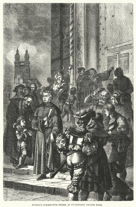 Lutherových devadesát pět tezí u dveří kostela Wittenberg (rytina) od European School