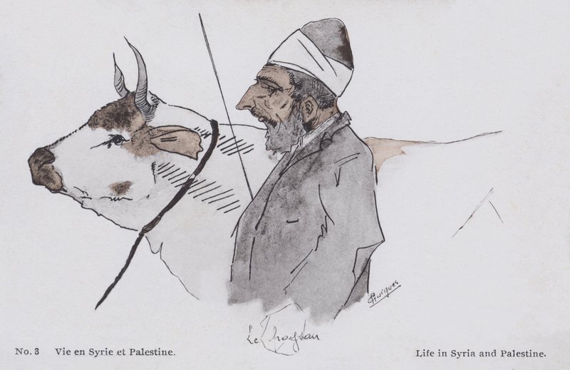 Člověk a dobytek, život v Sýrii a Palestině (barevná litografie) od European School