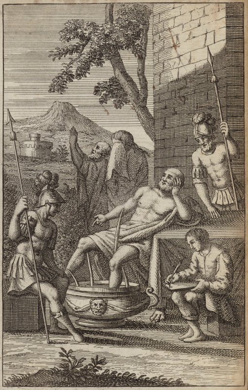 Muž koupající se a přemýšlející, možná Archimedes? (rytina) od European School