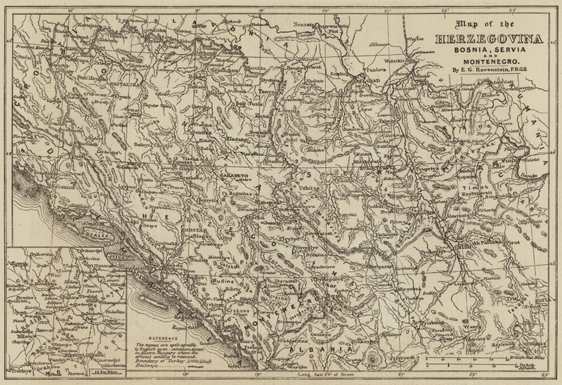 Mapa Hercegoviny, Bosny, Servie a Černé Hory (rytina) od European School