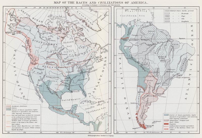 Mapa ras a civilizací Ameriky (barevná litografie) od European School