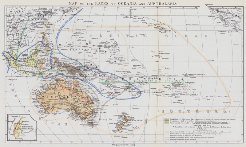 Mapa ras Oceánie a Australasie (barevná litografie) od European School