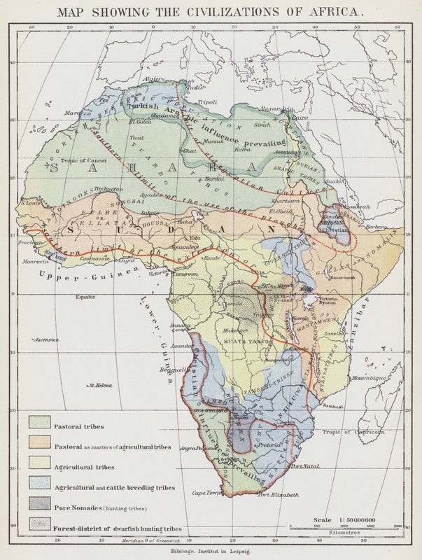 Mapa civilizací Afriky (barevná litografie) od European School