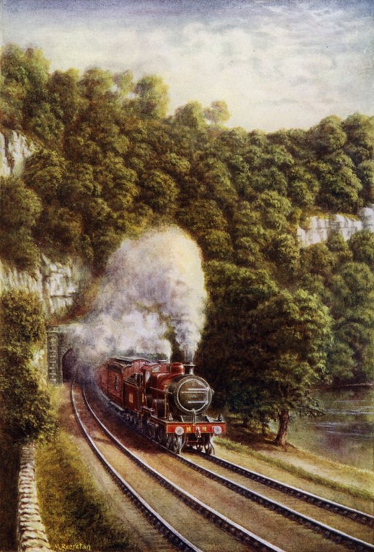 Skotský expresní vlak Midland na Midland Railway projíždějící Yorkshire Dales (barva litho) od European School