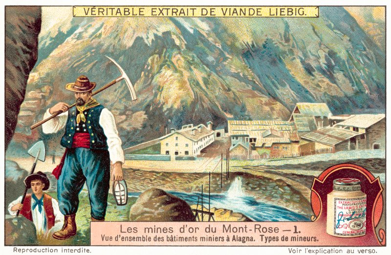 Horníci a důlní budovy ve zlatých dolech Monte Rosa, Itálie (chromolitho) od European School