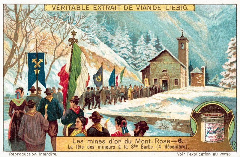 Horníci zlatých dolů Monte Rosa slaví svátek svaté Barbory, patronky horníků (chromolitho) od European School