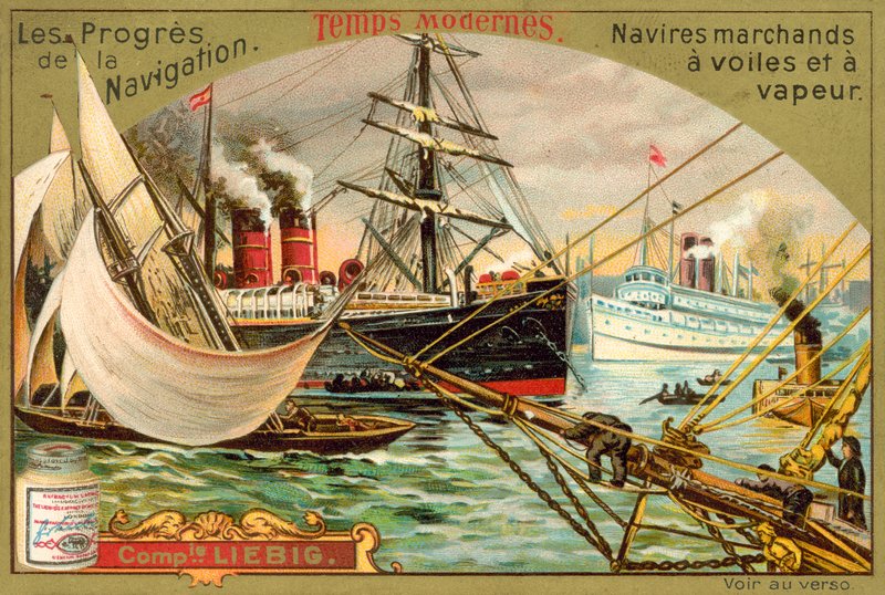 Moderní plachtové a parní obchodní lodě (chromolitho) od European School