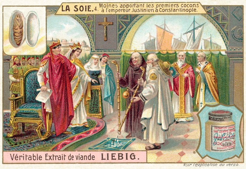 Mniši přinášející první hedvábné kokony císaři Justiniánovi do Konstantinopole (chromolitho) od European School