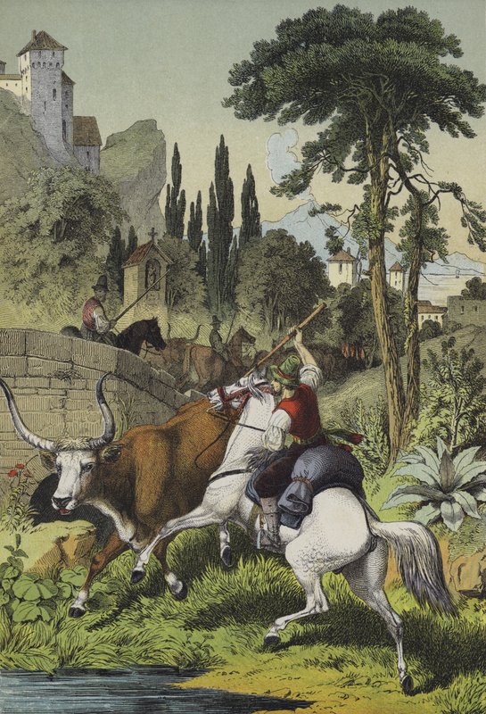 Pastýři na koních v Itálii pronásledují stepního býka v krajině s divokým kaštanem, borovicí hroznovou a italským topolem (barva litho) od European School