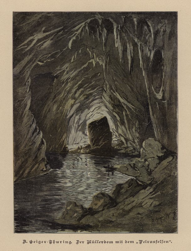 Mullerdom a Petrusfelsen (Mullerův sál a Svatopetrská skála), jeskyně Skokjan, Slovinsko (barevná rytina) od European School