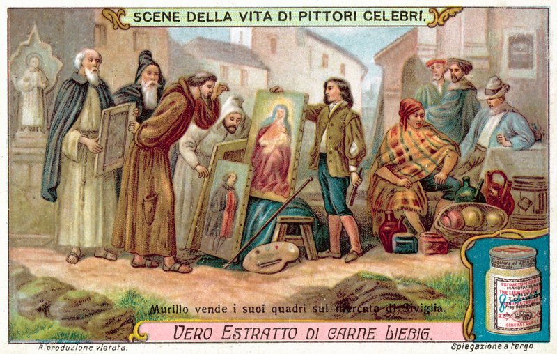 Murillo prodává své obrazy na trhu v Seville (chromolitho) od European School