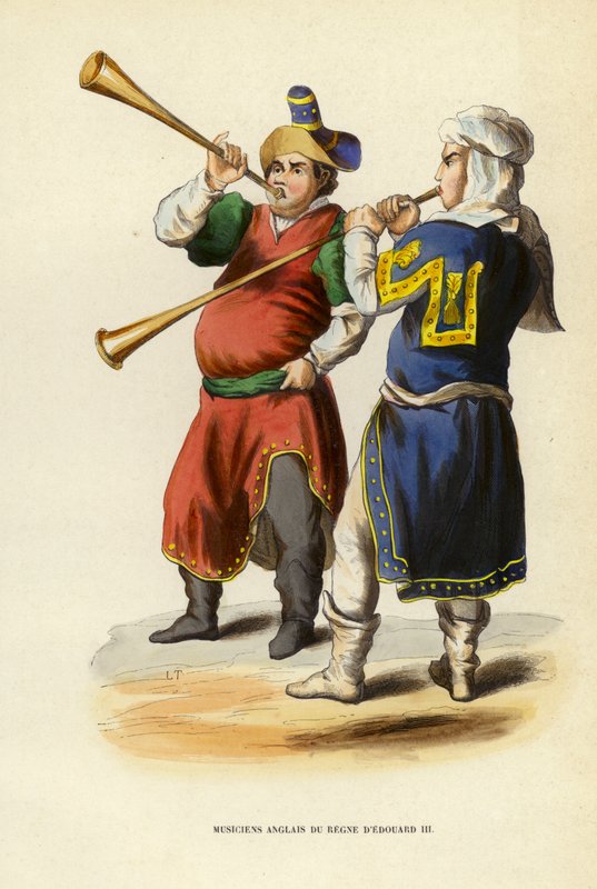 Angličtí hudebníci za vlády Edwarda III. (barevná rytina) od European School