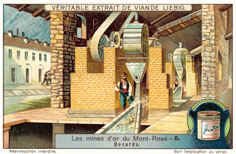 Rudný mlýn ve zlatých dolech Monte Rosa, Itálie (chromolitho) od European School