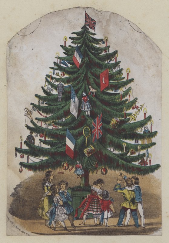 Lidé pod vánočním stromkem, blahopřání (barva litho) od European School