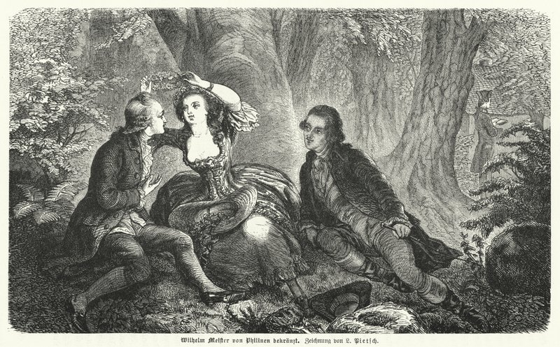 Philinen korunující Wilhelma Meistera věncem: scéna z románu Johanna Wolfganga Goetha Wilhelm Meisters Lehrjahre (rytina) od European School