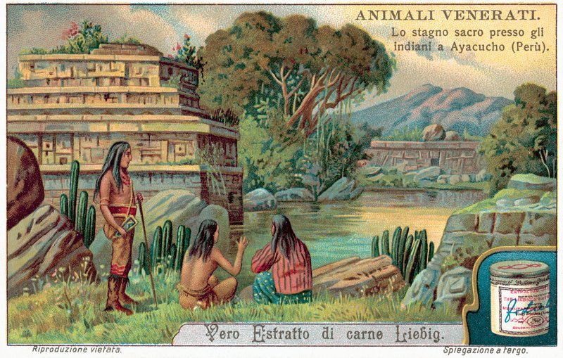 Bazén posvátných ryb v Ayacucho, Peru (chromolitho) od European School