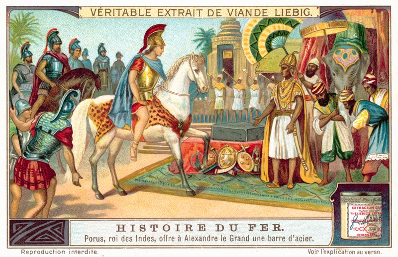 Porus, král Pauravů, nabízí Alexandrovi Velikém tyč oceli (chromolitho) od European School