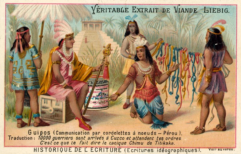 Quipus, systém komunikace pomocí zauzlených provázků, Peru (chromolitho) od European School