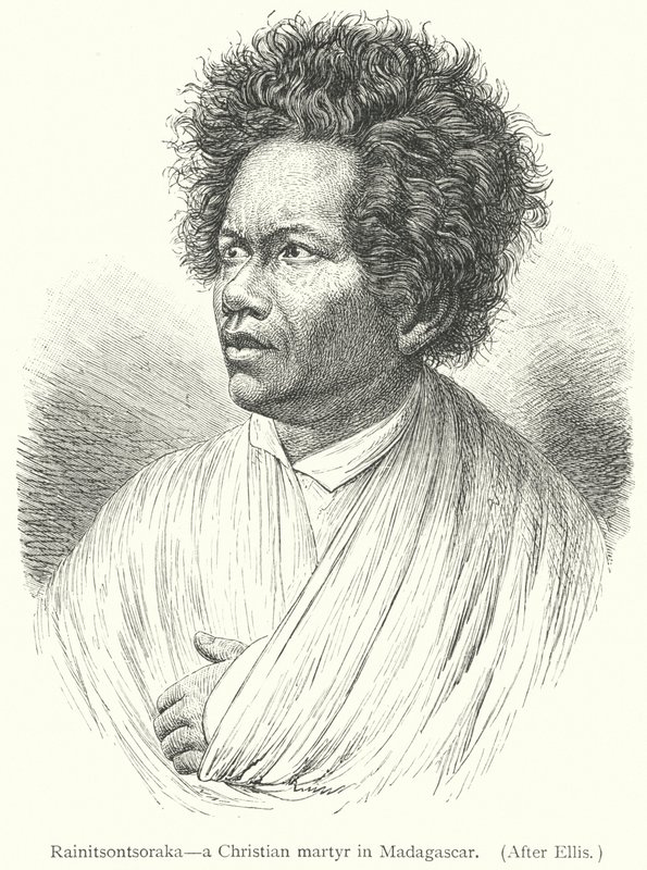 Rainitsontsoraka, křesťanský mučedník na Madagaskaru (rytina) od European School