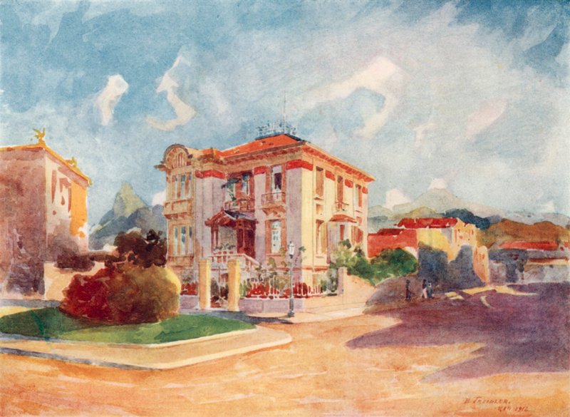 Rezidence J.E. Dr. Pedra de Toleda, bývalého ministra zemědělství, Avenida Beira Mar (barevná litografie) od European School