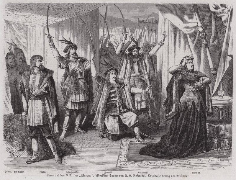 Scéna z III. dějství historického dramatu německého dramatika Salomona Hermanna Mosenthala Maryna (rytina) od European School
