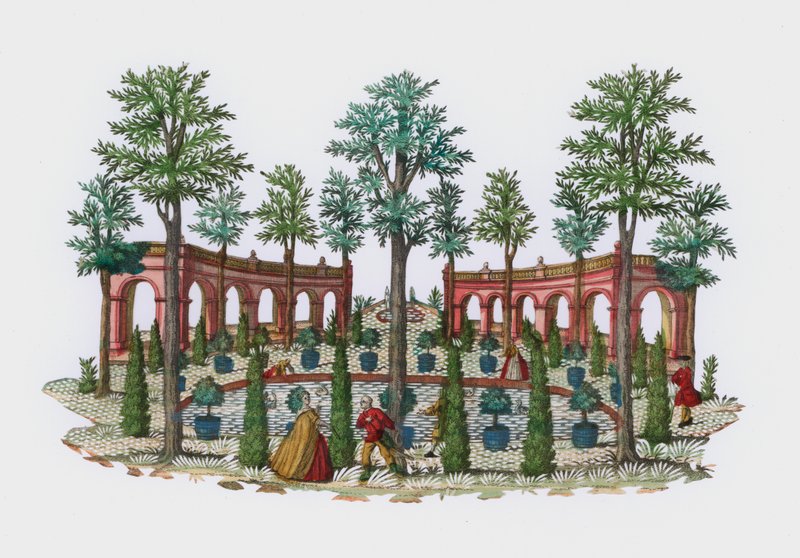 Scéna v italské zahradě (barevná rytina) od European School