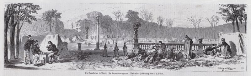 Scéna v Jardin du Luxembourg pod Pařížskou komunou od European School