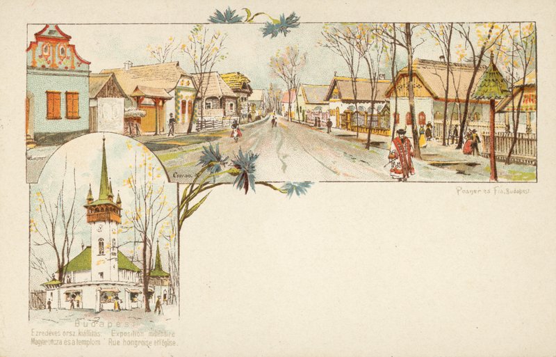 Scény z Budapešti, maďarské ulice a kostela (chromolitho) od European School