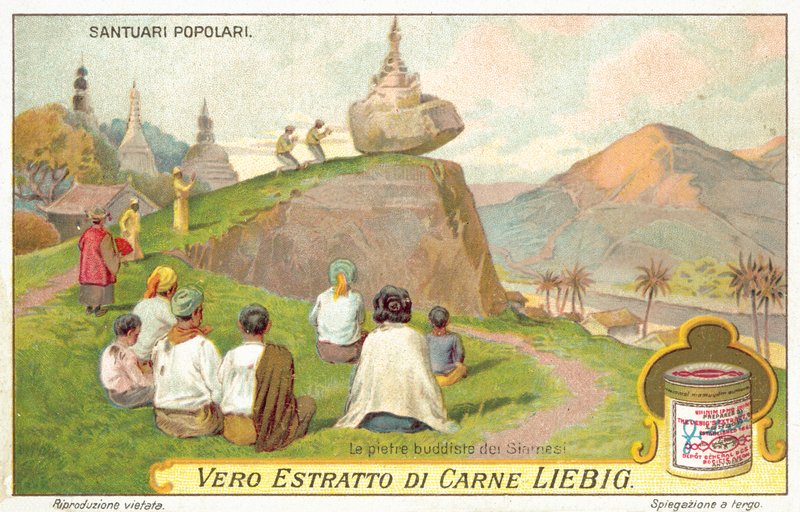 Siamští buddhisté uctívající ve vyvažující skalní svatyni (chromolitho) od European School