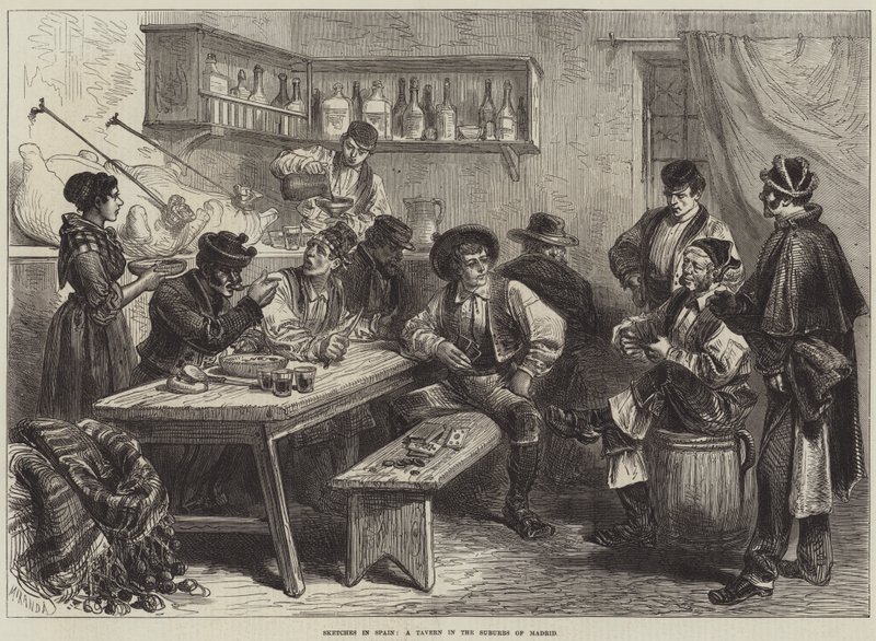 Skici ve Španělsku, taverna na předměstí Madridu (rytina) od European School