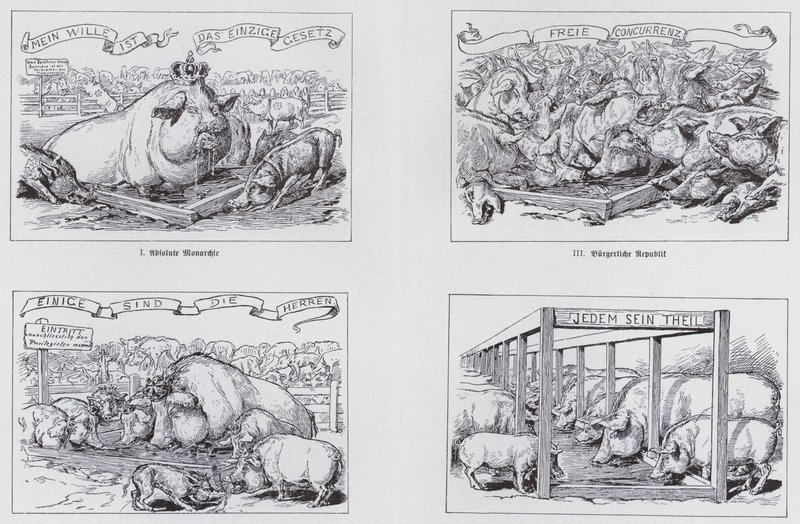 Socialistická karikatura z roku 1895 o různých formách vlády (litho) od European School