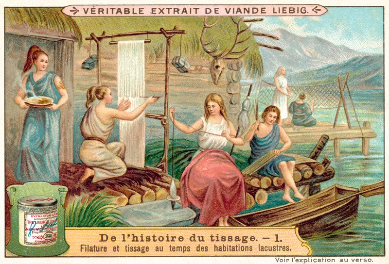 Předení a tkaní ve starobylé vesnici u jezera (chromolitho) od European School