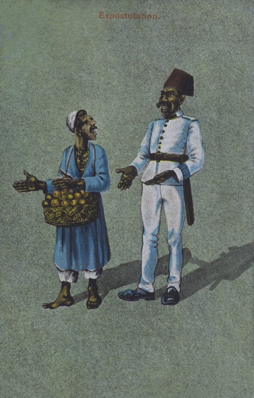 Pouliční prodavač ve sporu s mužem v uniformě (barevná litografie) od European School