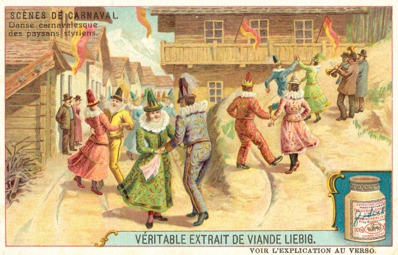 Štýrský selský karnevalový tanec, Rakousko (chromolitho) od European School