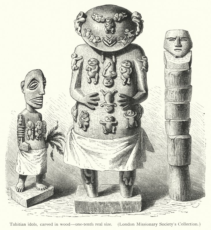 Tahitské modly, vyřezávané do dřeva (rytina) od European School
