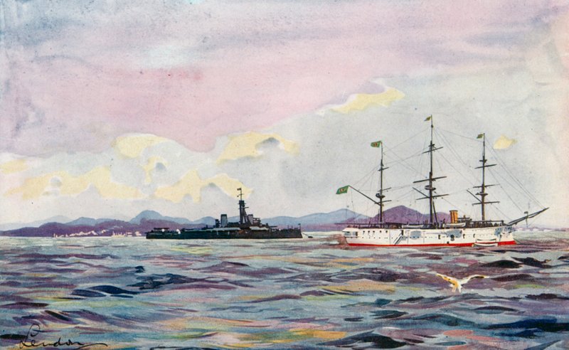 Cvičný křižník "Benjamin Constant" a dreadnought "Minas Geraes" v přístavu v Riu (barevná litografie) od European School
