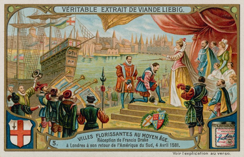 Přijetí Francise Drakea do Londýna z Jižní Ameriky v roce 1581 (chromolitho) od European School