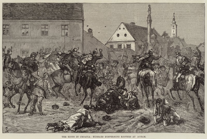 Nepokoje v Chorvatsku, husaři rozhánějící vzbouřence v Agramu (rytina) od European School