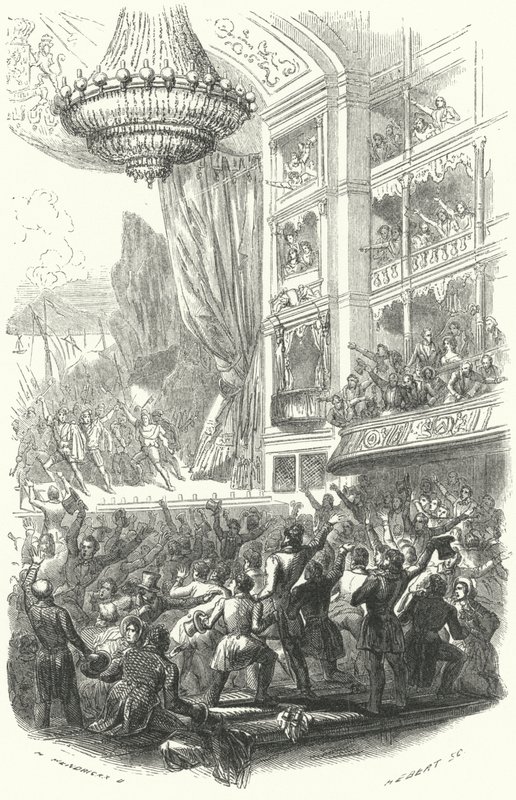 Začátek belgické revoluce: provedení opery Daniela Aubera La Muette de Porcini v Theatre de la Monnaie v Bruselu, 25. srpna 1830 (rytina) od European School
