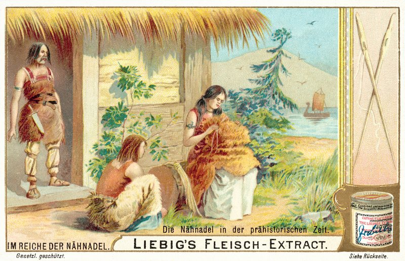 Šicí jehla v pravěku (chromolitho) od European School