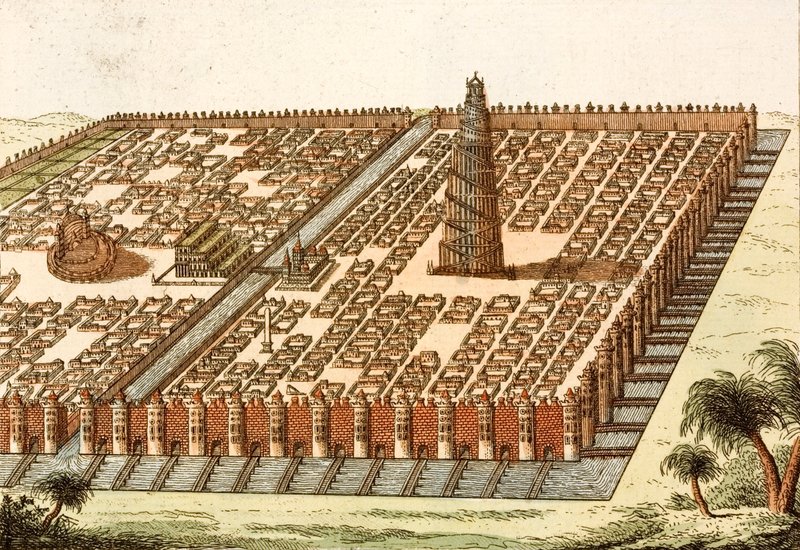Babylonská věž, královský palác a visuté zahrady Babylonu (barevná rytina) od European School