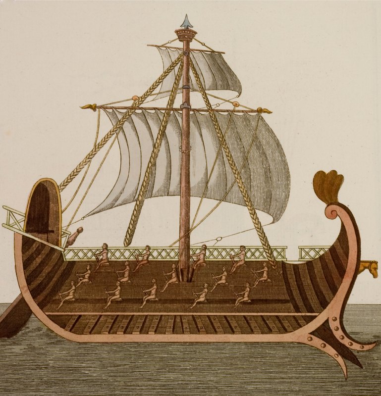 Trireme, válečná loď používaná starověkými Féničany, Řeky a Římany (barevná rytina) od European School